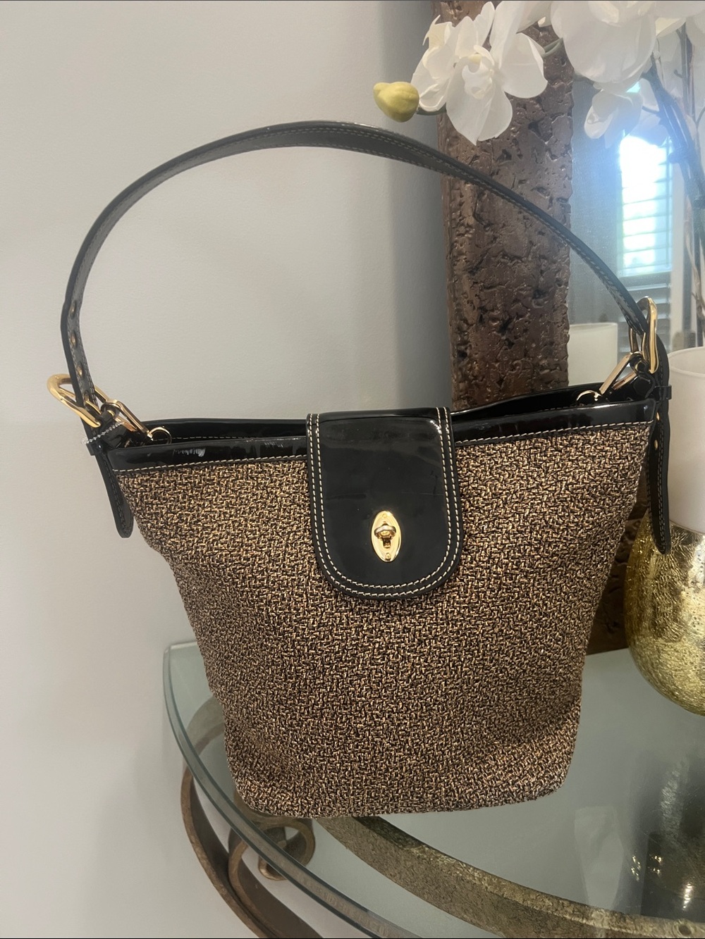 Eric Javits Shoulder Bag Handbag Brown & Tan Raffia Woven